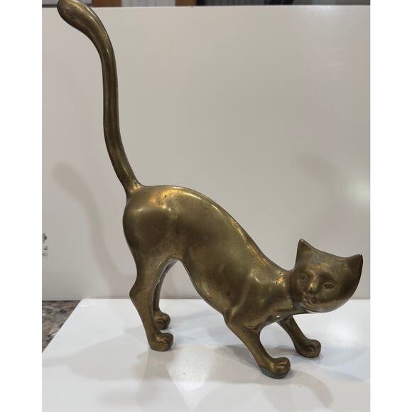 VTG Solid Brass Cat Figurine MCM Large Siamese Cat 14.5”x15” Made in Korea - Picture 1 of 8